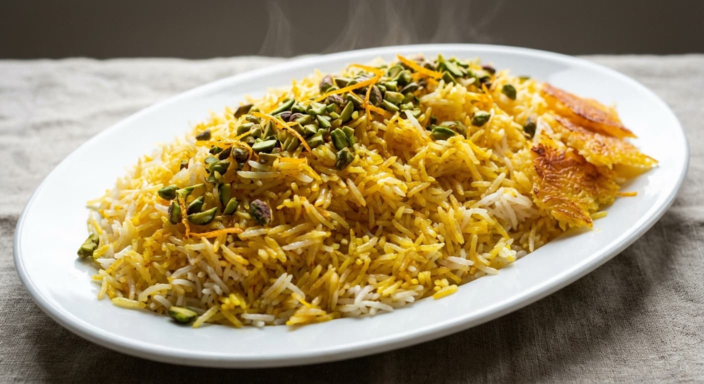 Shekar Polo — Shirazi Sweet Saffron Rice with Citrus and Pistachio - authentic persian recipe