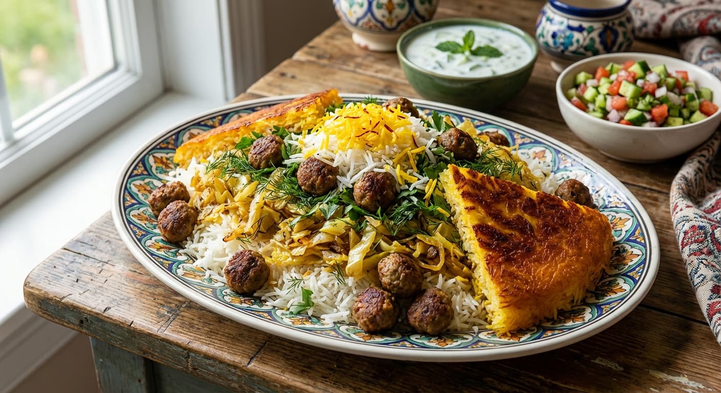 Shirazi Kalam Polo — Herb-Scented Cabbage Rice with Meatballs - authentic persian recipe
