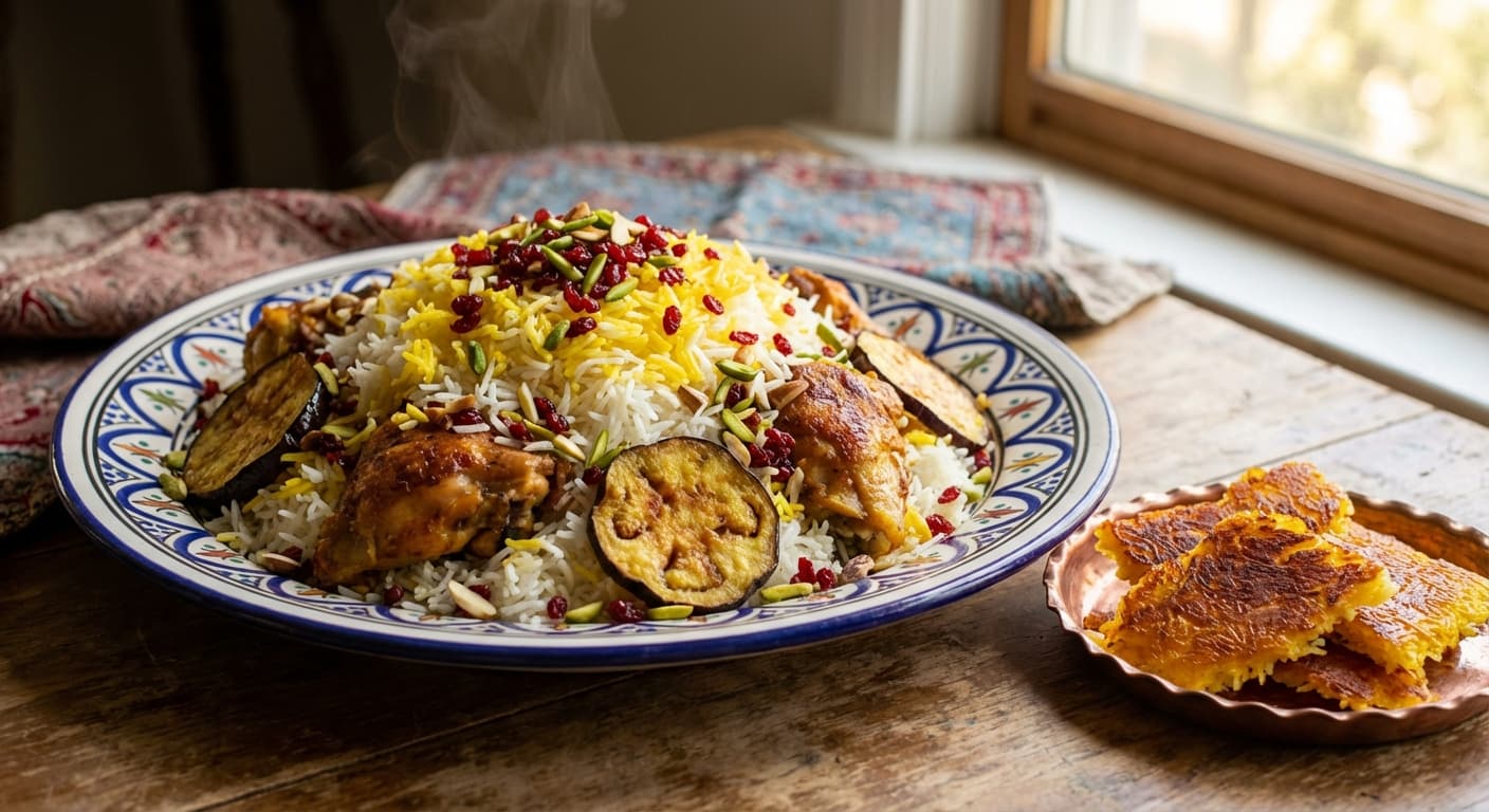 Shirazi Polo — Fragrant layered saffron rice with chicken, eggplant, and jeweled barberries - authentic persian recipe