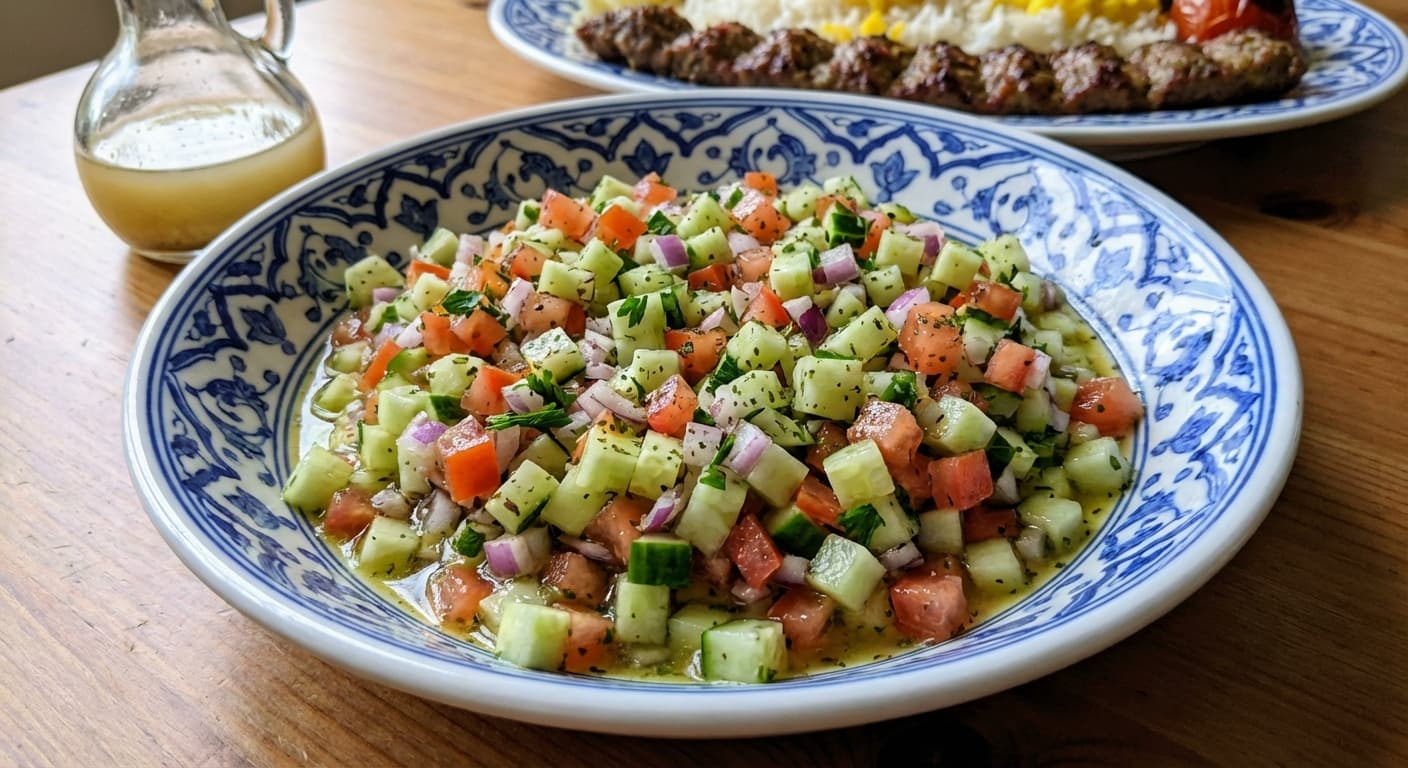 Shirazi Salad — Brunoised cucumber-tomato herb salad with ab-ghooreh - authentic persian recipe
