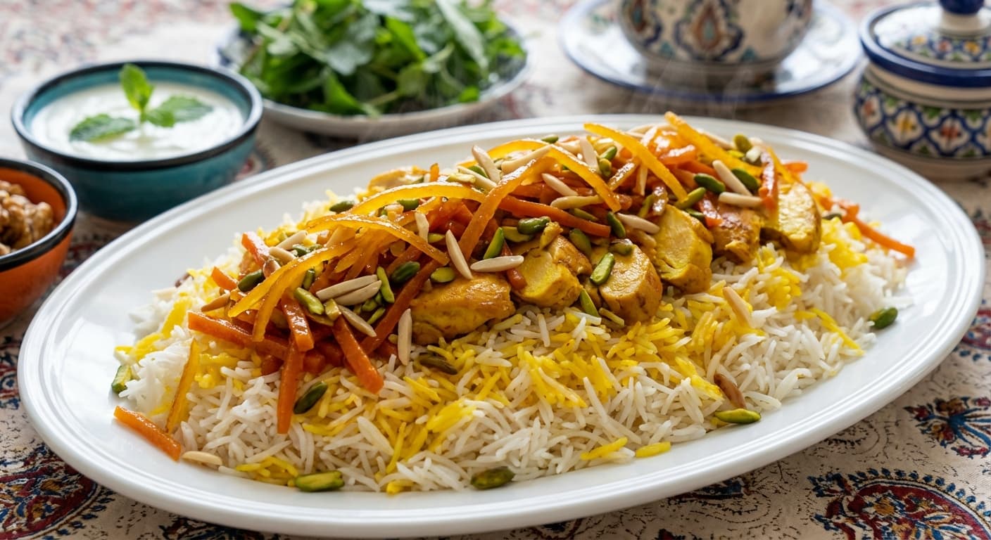 Shirin Polo — Persian jeweled wedding rice with saffron chicken - authentic persian recipe