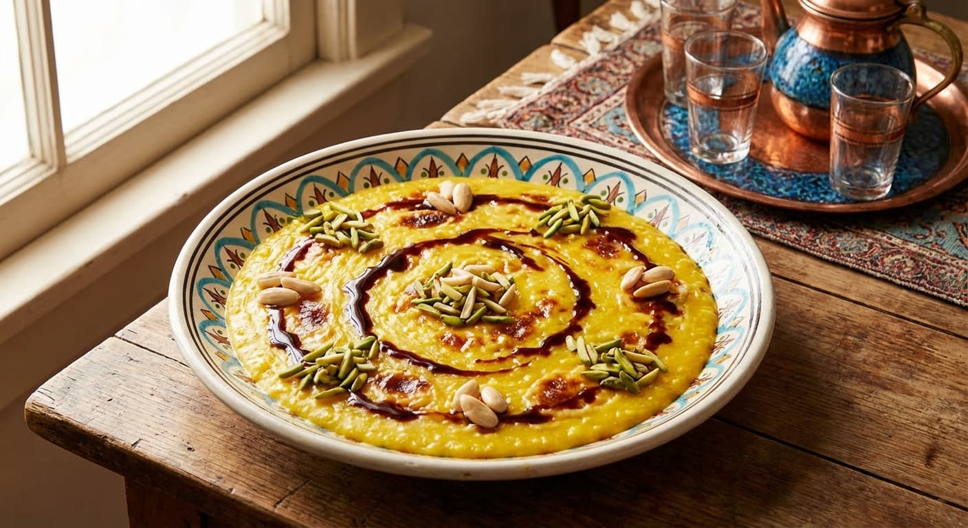 Sholeh Zard - Persian Aromatic Rice Pudding with Grape Syrup - authentic persian recipe