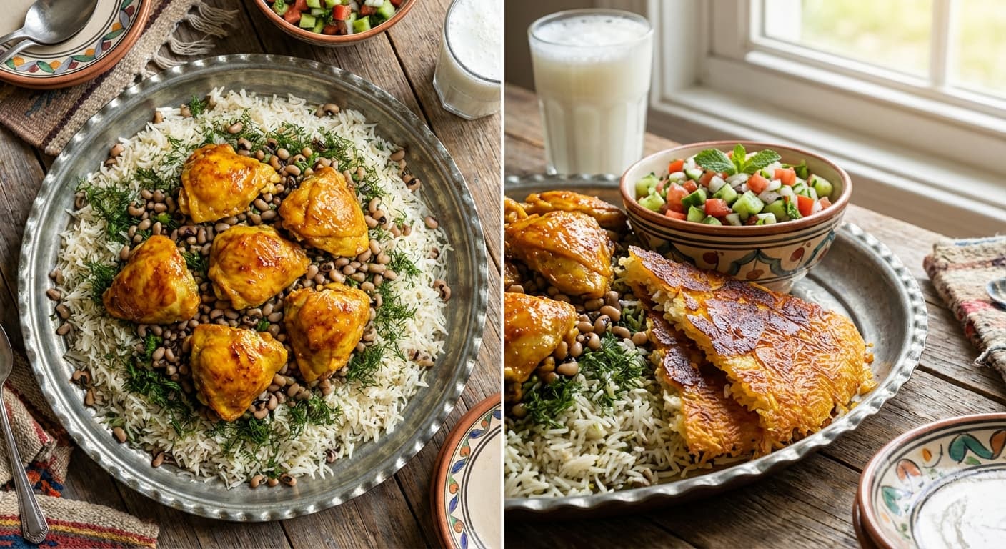 Shushtari Polo — Black-Eyed Pea and Dill Layered Rice with Chicken - authentic persian recipe