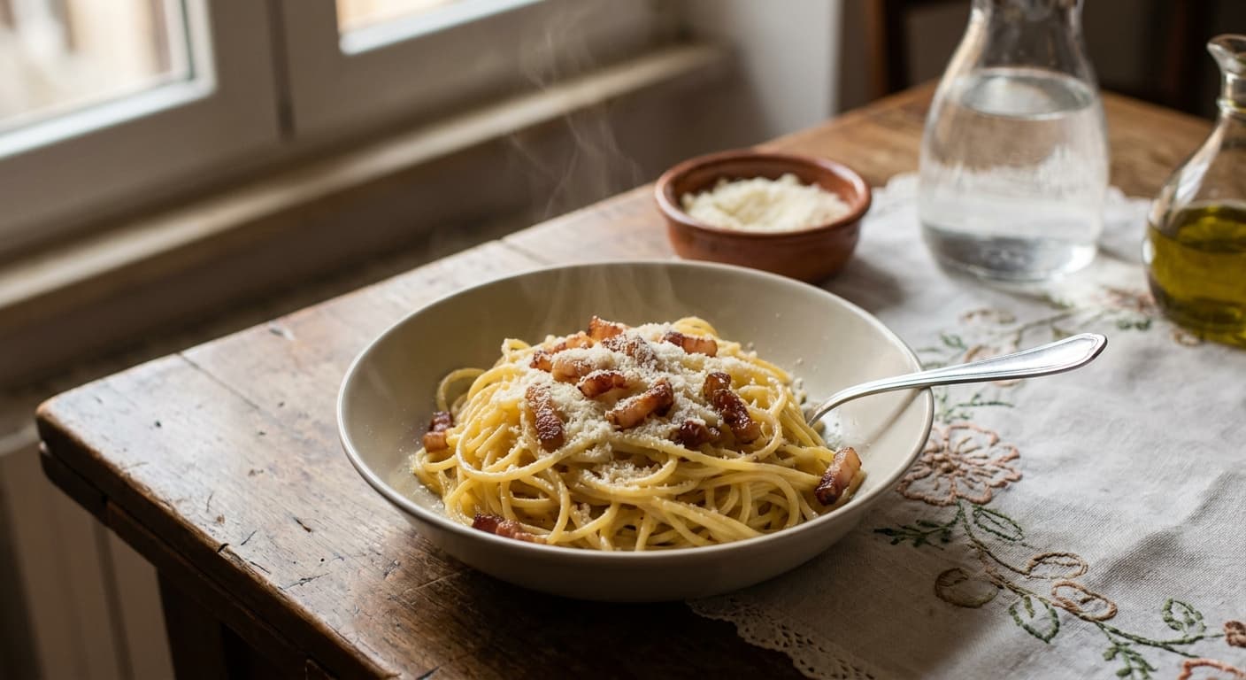 Spaghetti Carbonara — Roman Pasta with Eggs, Pecorino, and Guanciale - authentic italian recipe