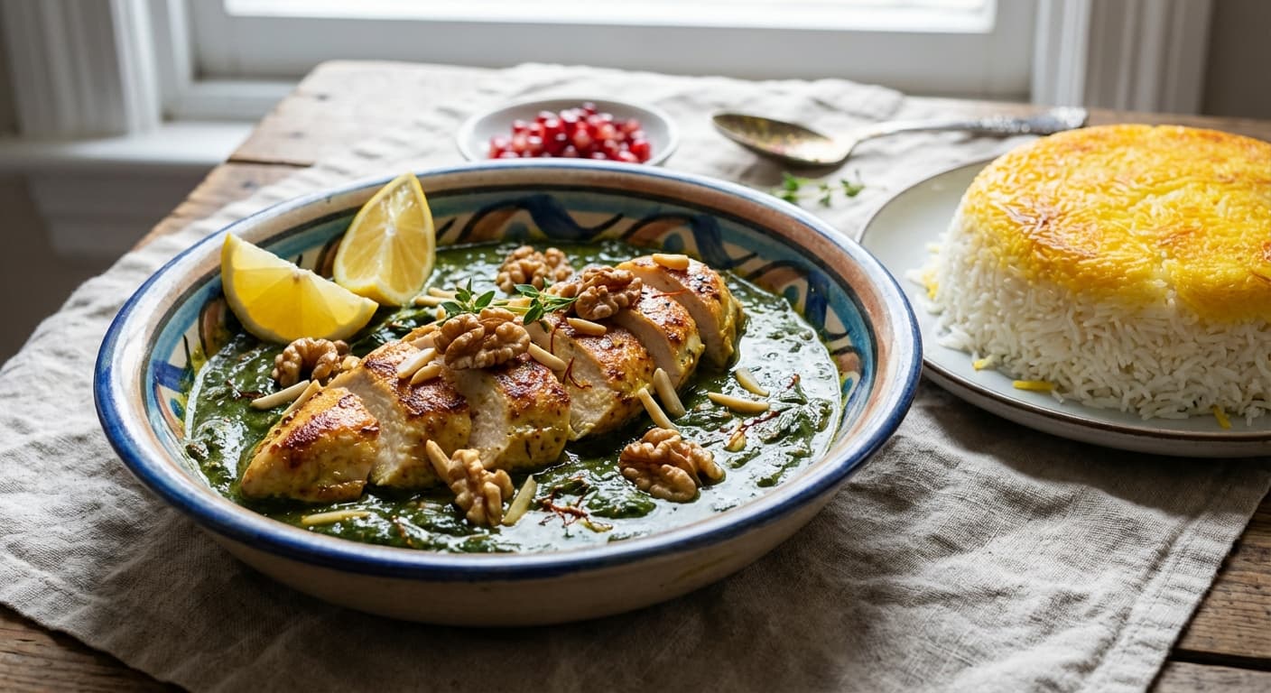 Persian - Inspired Spinach & Walnut Creamy Chicken (Morgh - e Esfenaj o Gerdoo | ) - authentic persian recipe