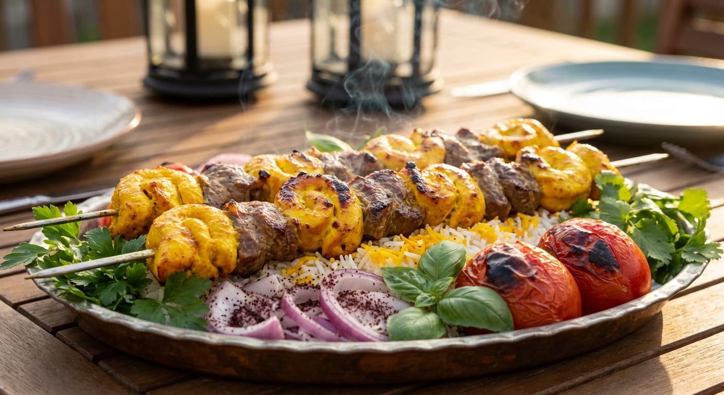 Spiral Bakhtiari Kebab — Saffron-marinated chicken and lamb spirals on skewers - authentic persian recipe
