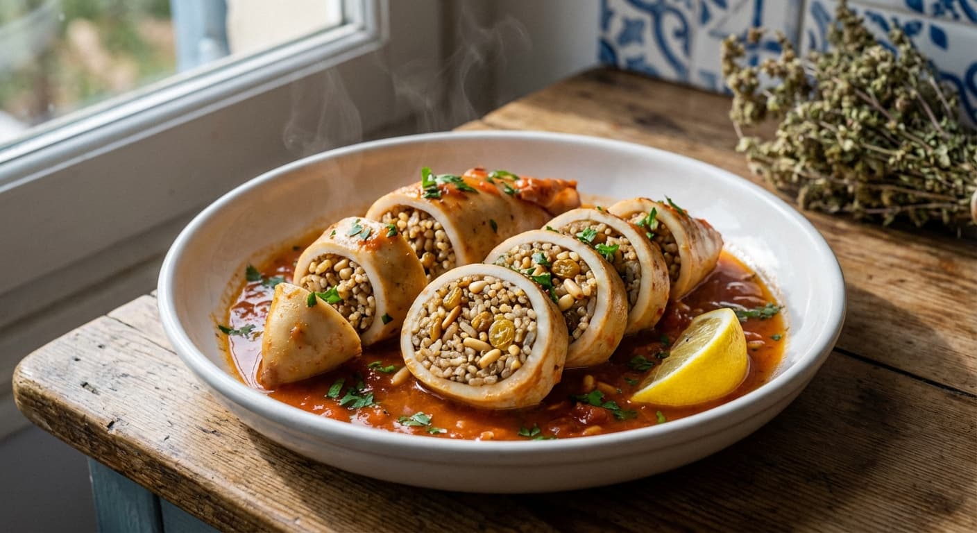 Stuffed Calamari — Squid filled with rice, pine nuts, and raisins - authentic greek recipe