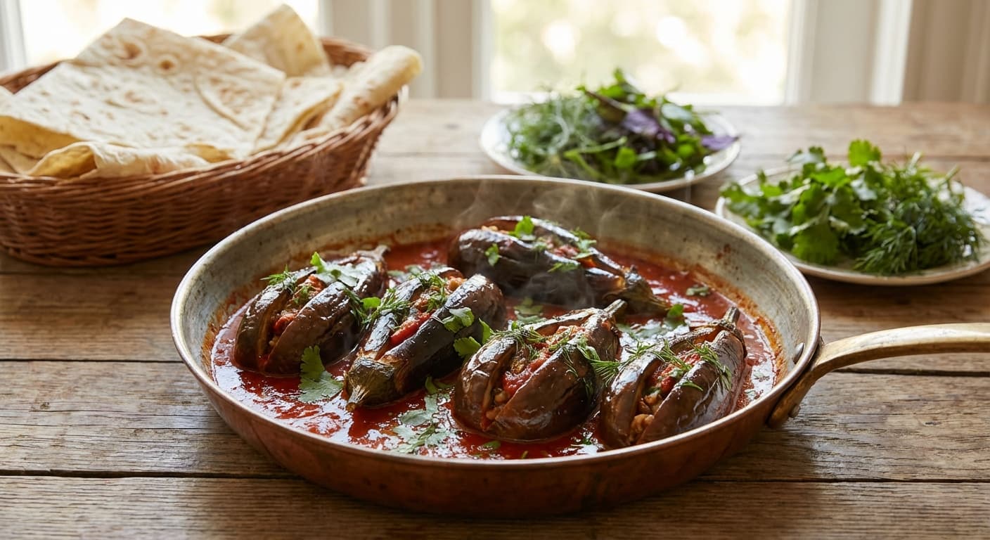 Stuffed Eggplant Dolma — Azerbaijani eggplants filled with herbed meat and simmered in tomato sauce - authentic azerbaijani recipe