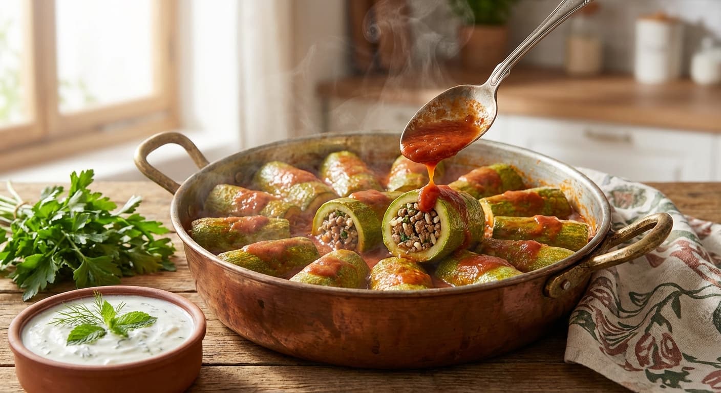 Stuffed Zucchini — Hollowed zucchini filled with spiced minced meat and rice - authentic turkish recipe