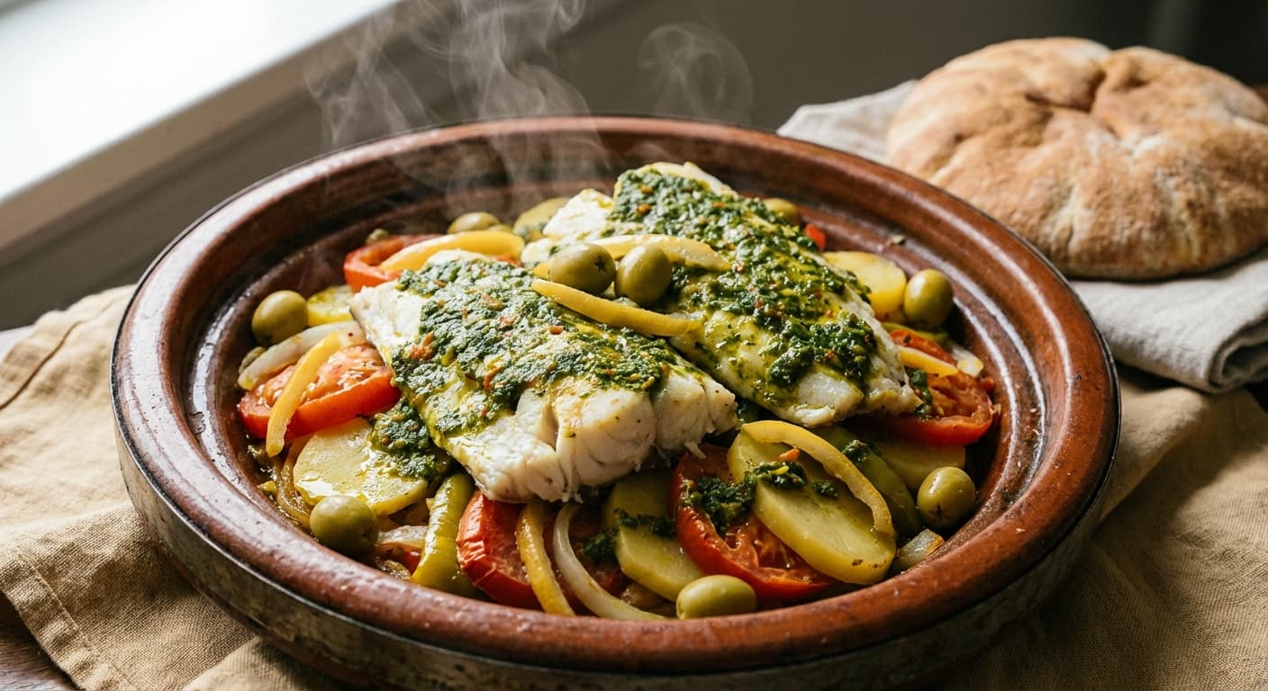 Tagine of Fish Chermoula — Moroccan Baked Fish with Herb and Spice Paste - authentic moroccan recipe