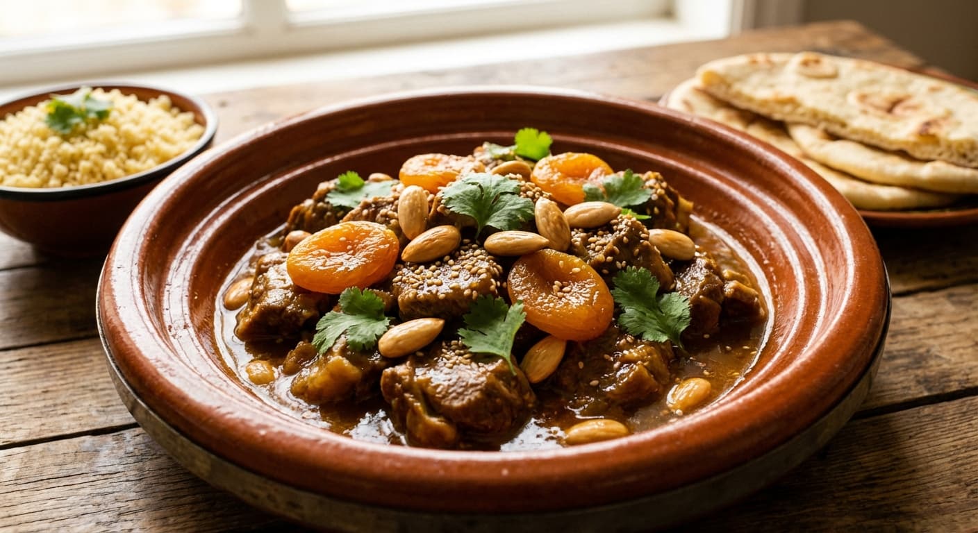 Tagine of Lamb with Apricots and Almonds — Moroccan sweet-savory lamb tagine with dried fruit - authentic moroccan recipe