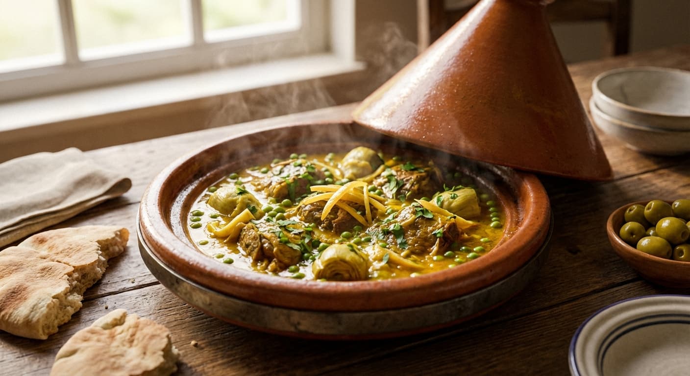 Tagine of Lamb with Peas and Artichokes — Moroccan garden tagine with saffron broth - authentic moroccan recipe