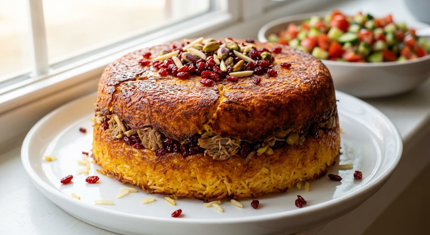 Tahchin Morgh or Bareh — Persian Saffron Rice Cake with Crispy Tahdig - authentic persian recipe