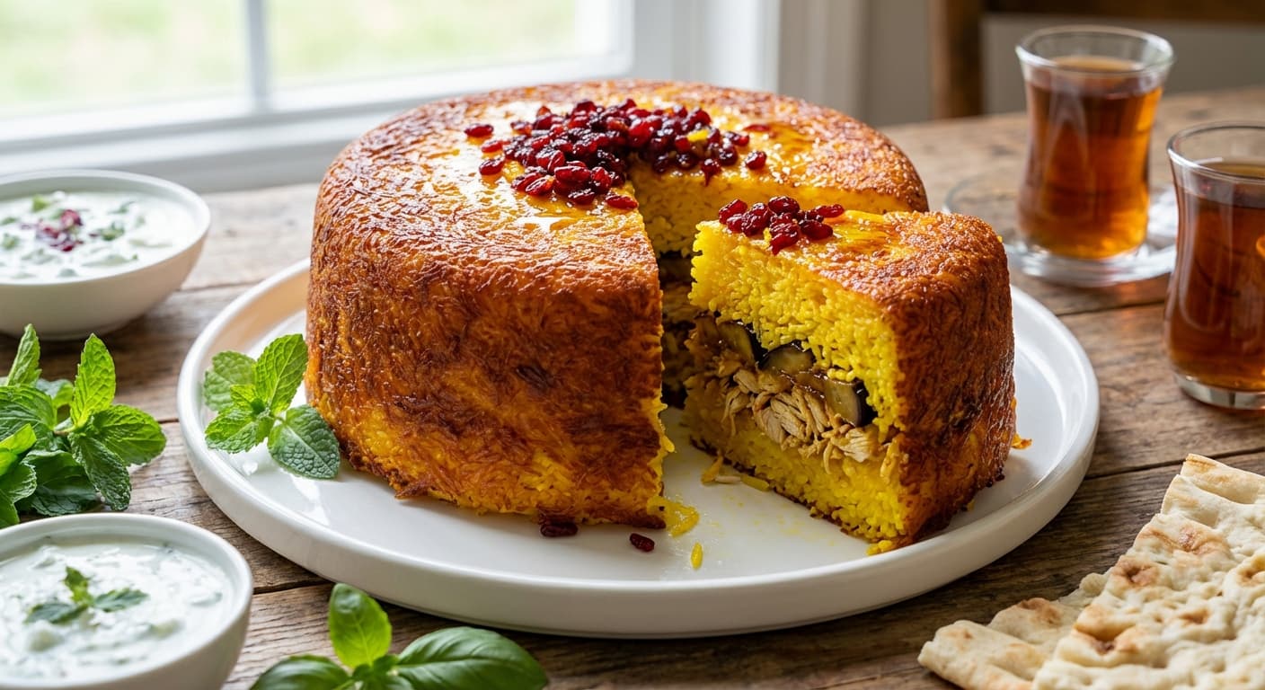 Tahchin Morgh va Bademjan — Persian Saffron Rice Cake with Chicken and Eggplant - authentic persian recipe