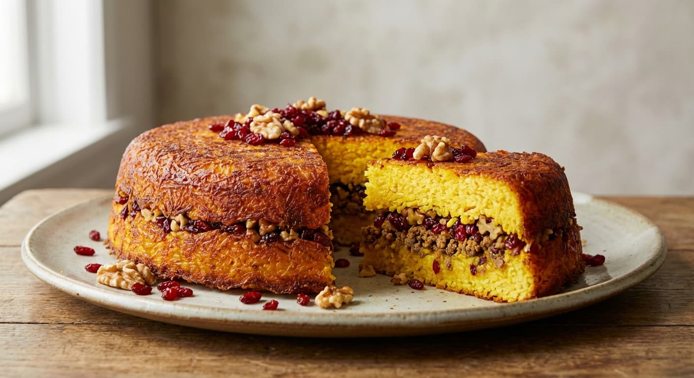 Tahchin-e Zereshk va Gerdoo — Persian Saffron Rice Cake with Barberries and Walnuts - authentic persian recipe