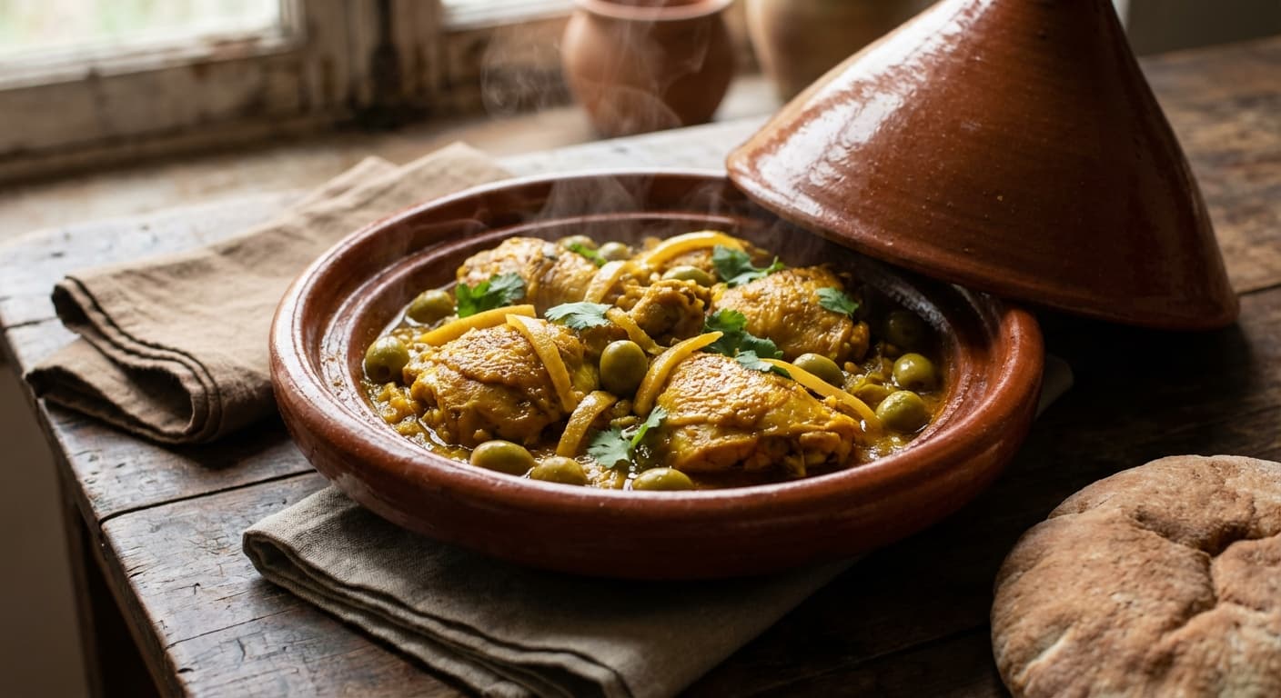 Tajine Djaj b Zitoun — Moroccan chicken tagine with green olives and preserved lemon - authentic moroccan recipe