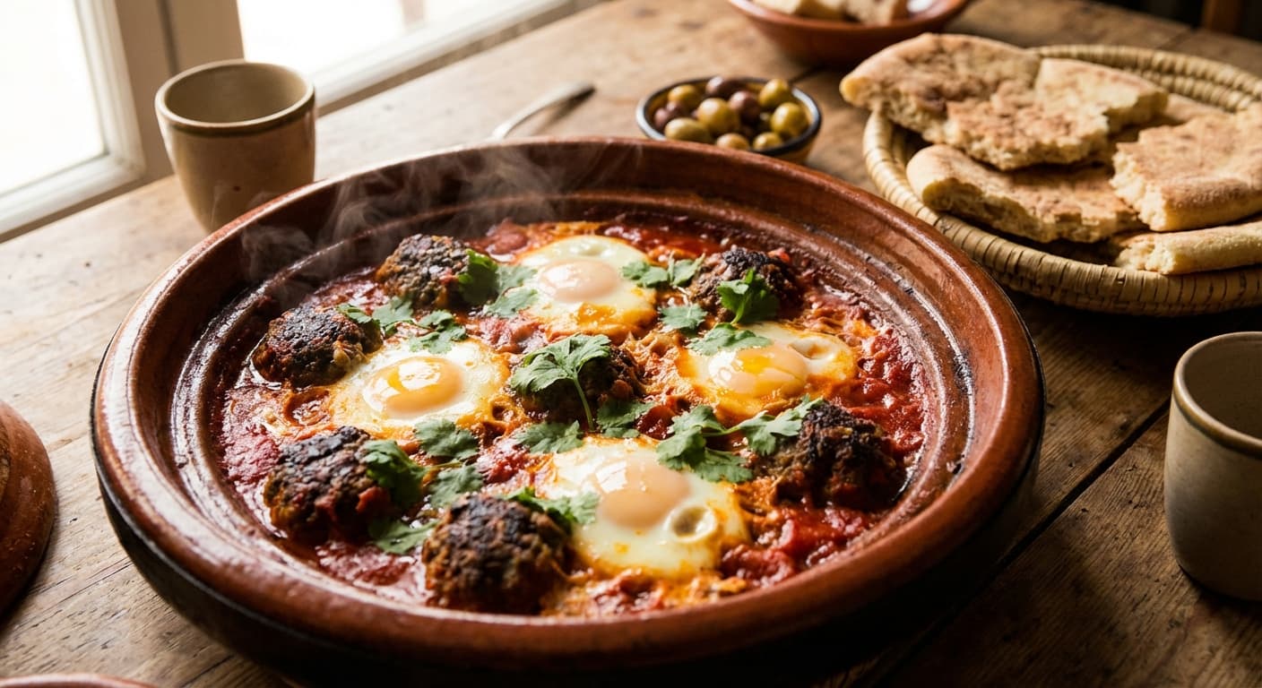 Tajine Kefta b Bid — Moroccan Meatballs in Tomato Sauce with Eggs - authentic moroccan recipe