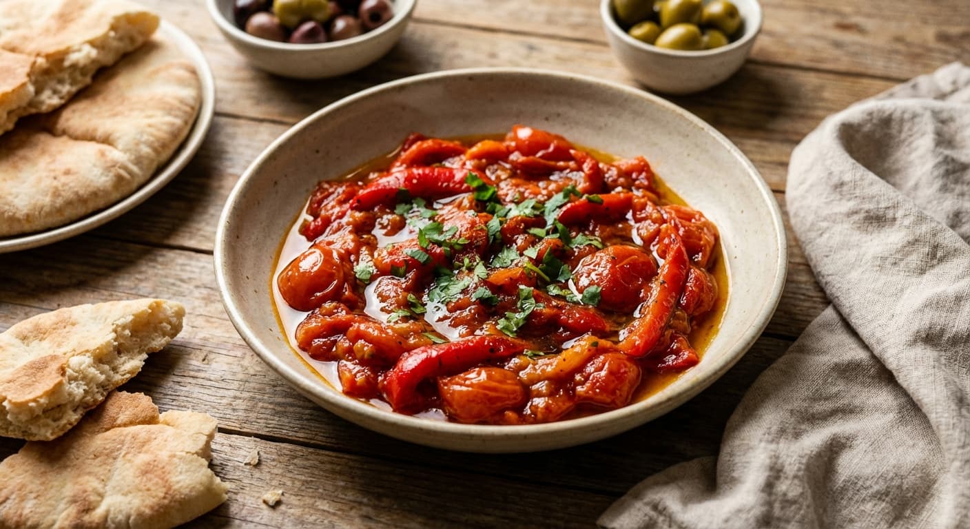 Taktouka — Moroccan Cooked Tomato and Roasted Pepper Salad - authentic moroccan recipe
