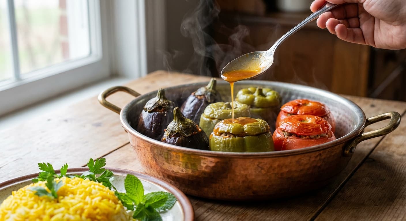 Three Sisters Dolma — Eggplant, pepper, and tomato dolma cooked in one pot - authentic azerbaijani recipe