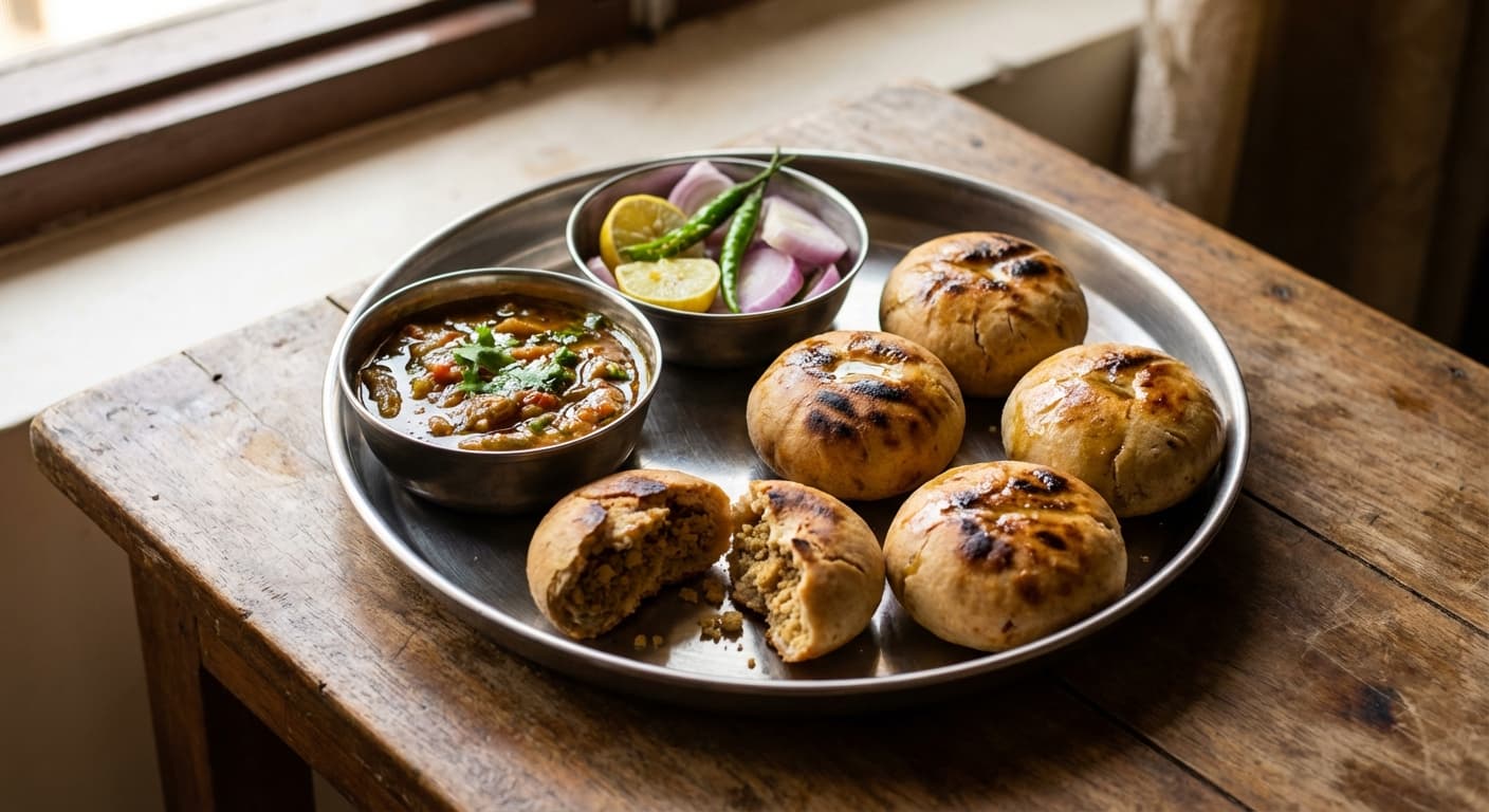 Traditional Bihari Litti Chokha — Roasted sattu-stuffed wheat balls with smoky mash - authentic indian recipe