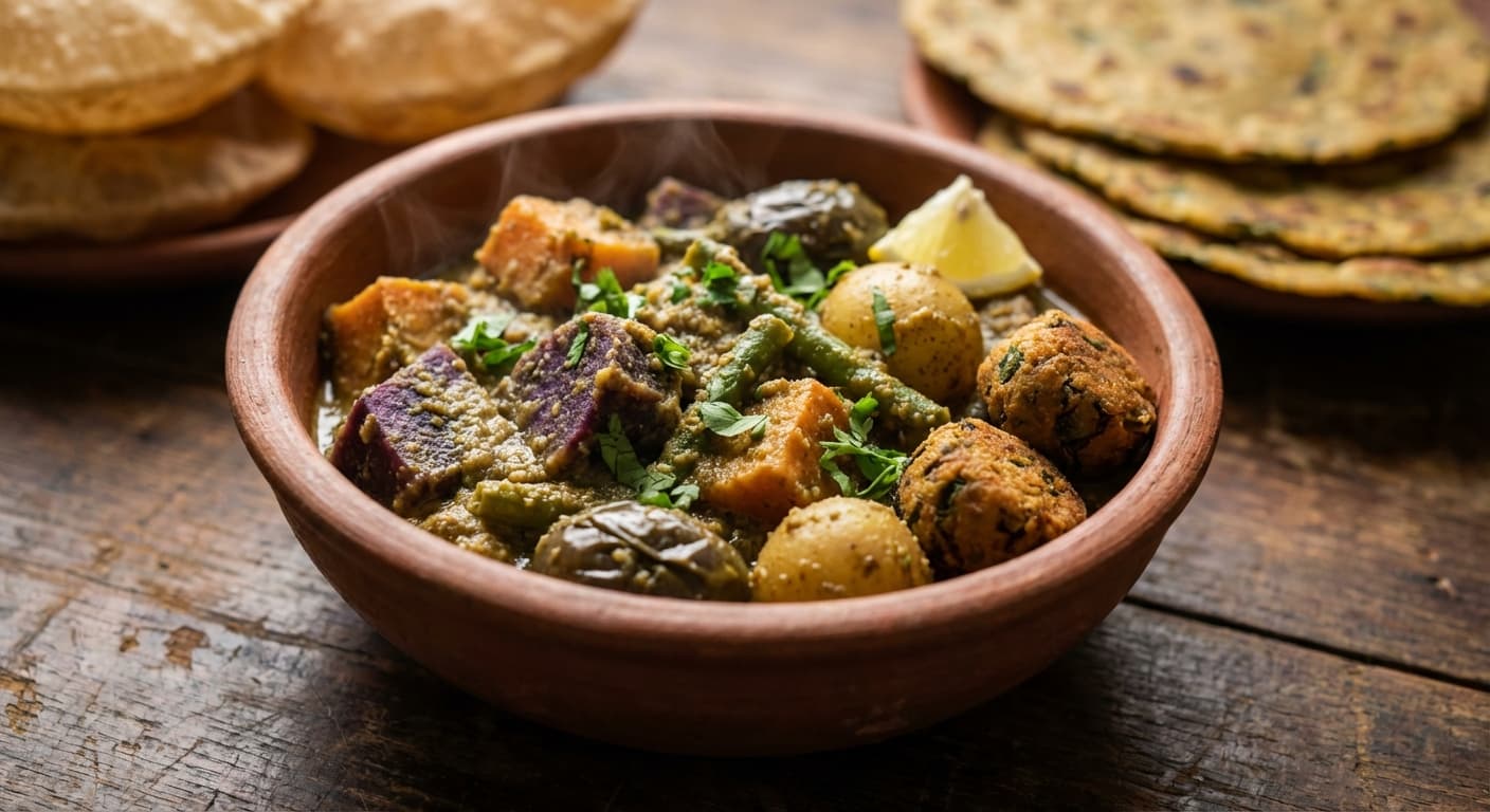 Undhiyu — Gujarati winter mixed-vegetable curry with methi muthia - authentic indian recipe