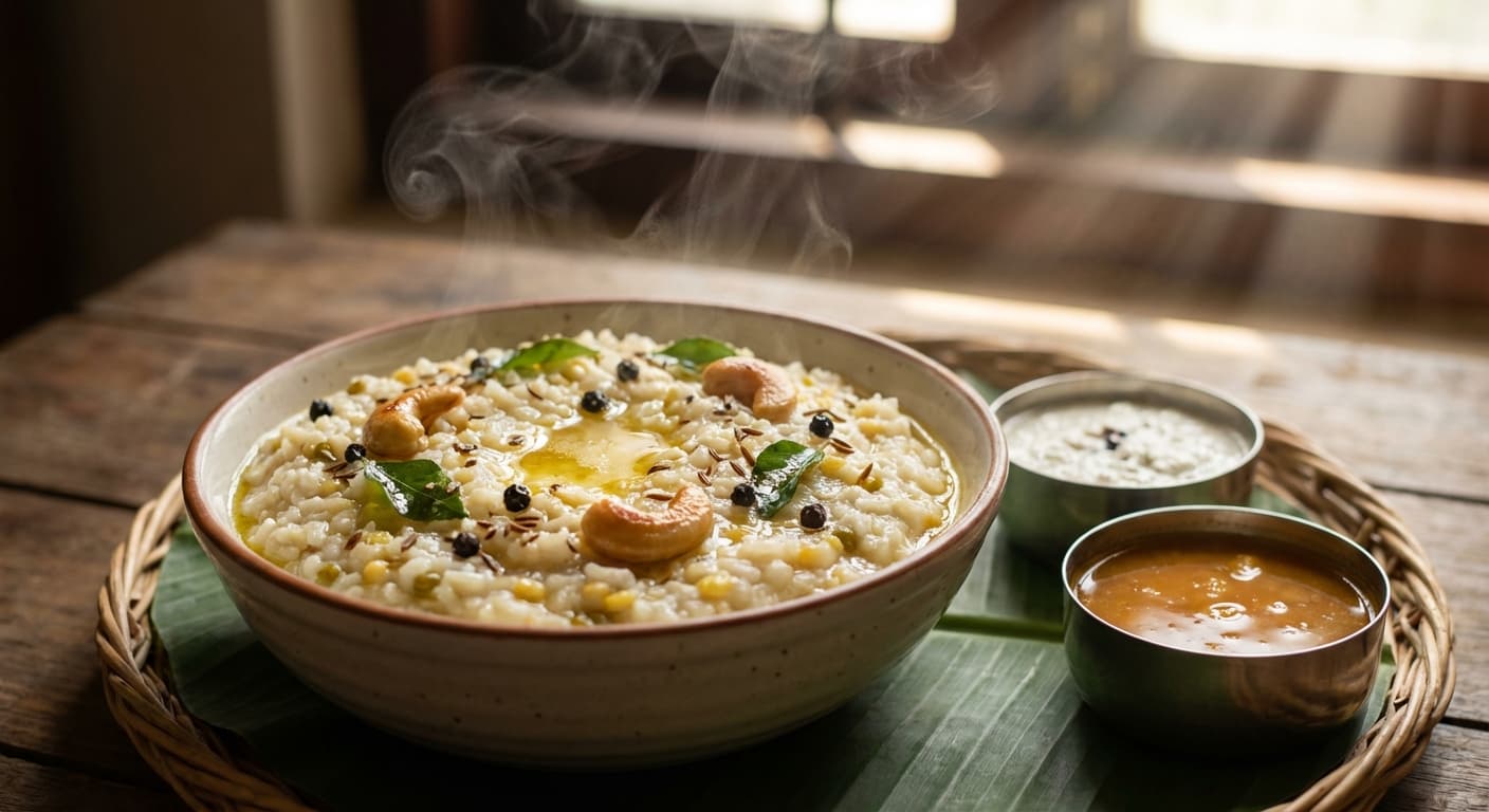 Ven Pongal — South Indian rice and lentil porridge with black pepper - authentic indian recipe