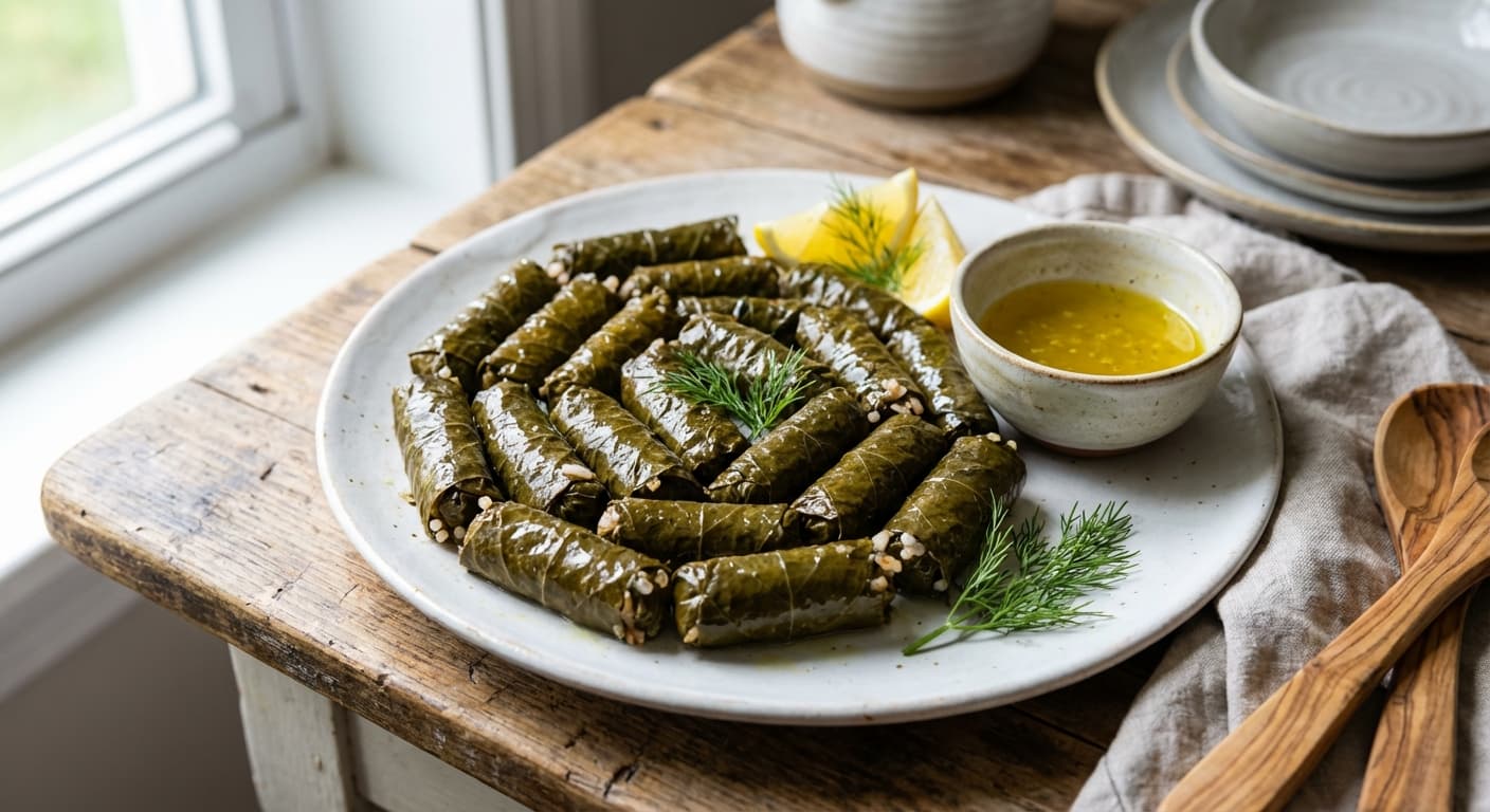 Yalantzi Dolmadakia — Vine Leaves Stuffed with Rice, Pine Nuts, and Dill - authentic greek recipe