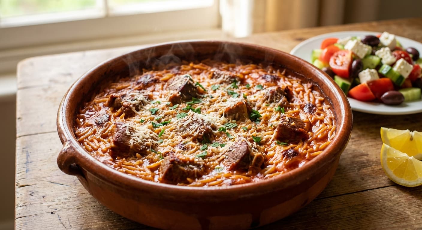 Youvetsi — Greek Lamb and Orzo Baked in Tomato Sauce - authentic greek recipe
