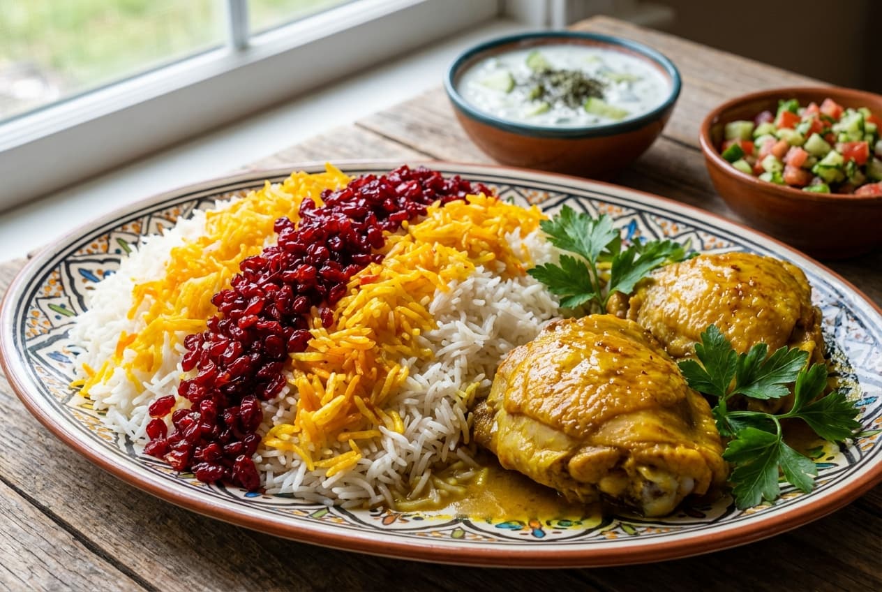 Zereshk Polo ba Morgh — Saffron Basmati Rice with Barberries and Braised Chicken - authentic persian recipe