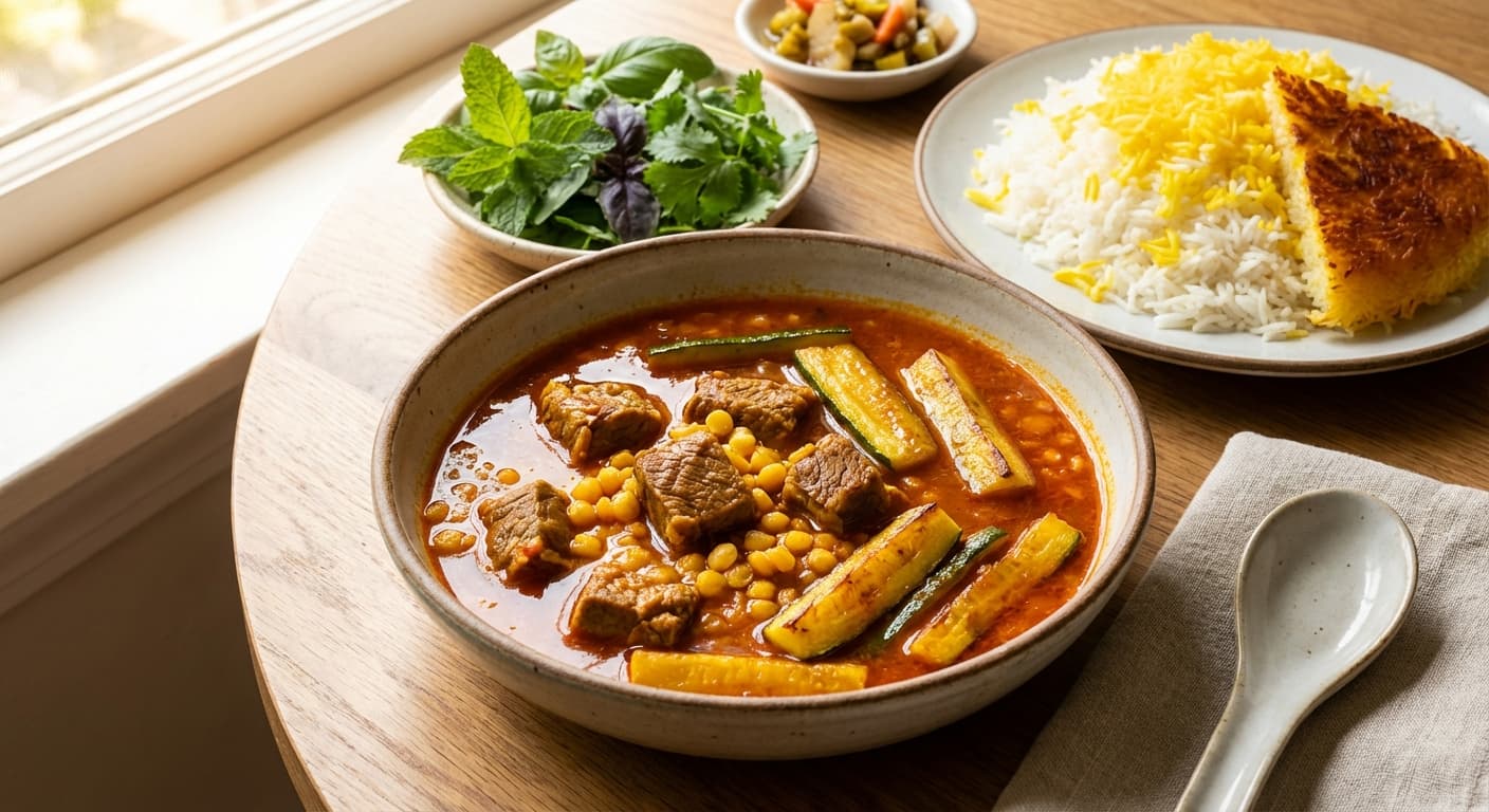 Zucchini Gheymeh Stew — Lamb, split pea, and saffron-tomato khoresh - authentic persian recipe