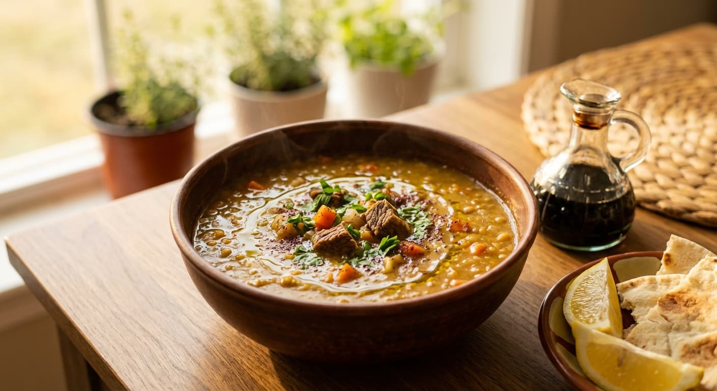 Shorbat Adas — Lentil Soup with Meat and Vinegar - authentic arabic recipe