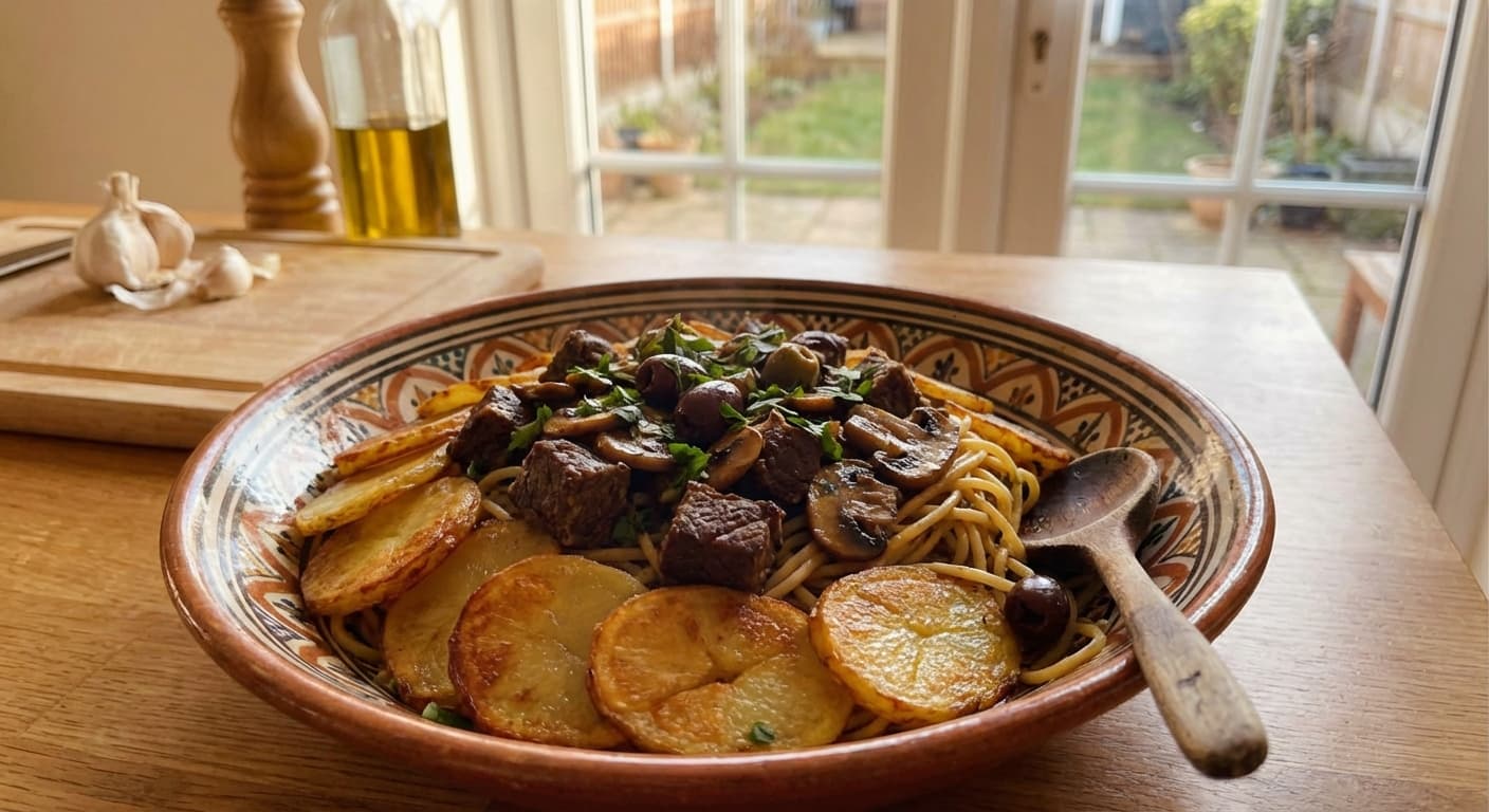 Sicilian Island Spaghetti — Persian-Style Lamb Pasta with Anchovy, Olives & Potatoes - authentic persian recipe