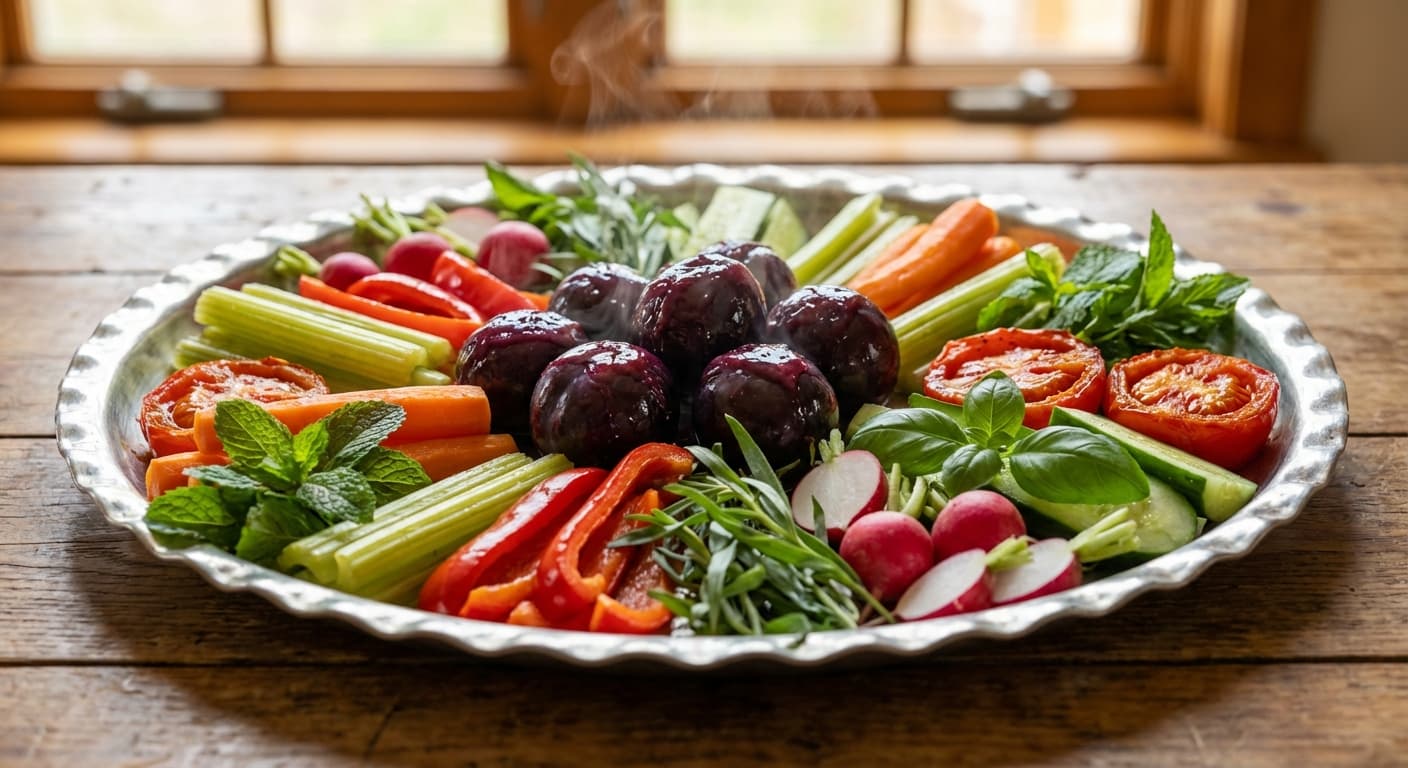 Sini Sabzijat — Persian Steamed Vegetable Platter with Glazed Sour Plums - authentic persian recipe