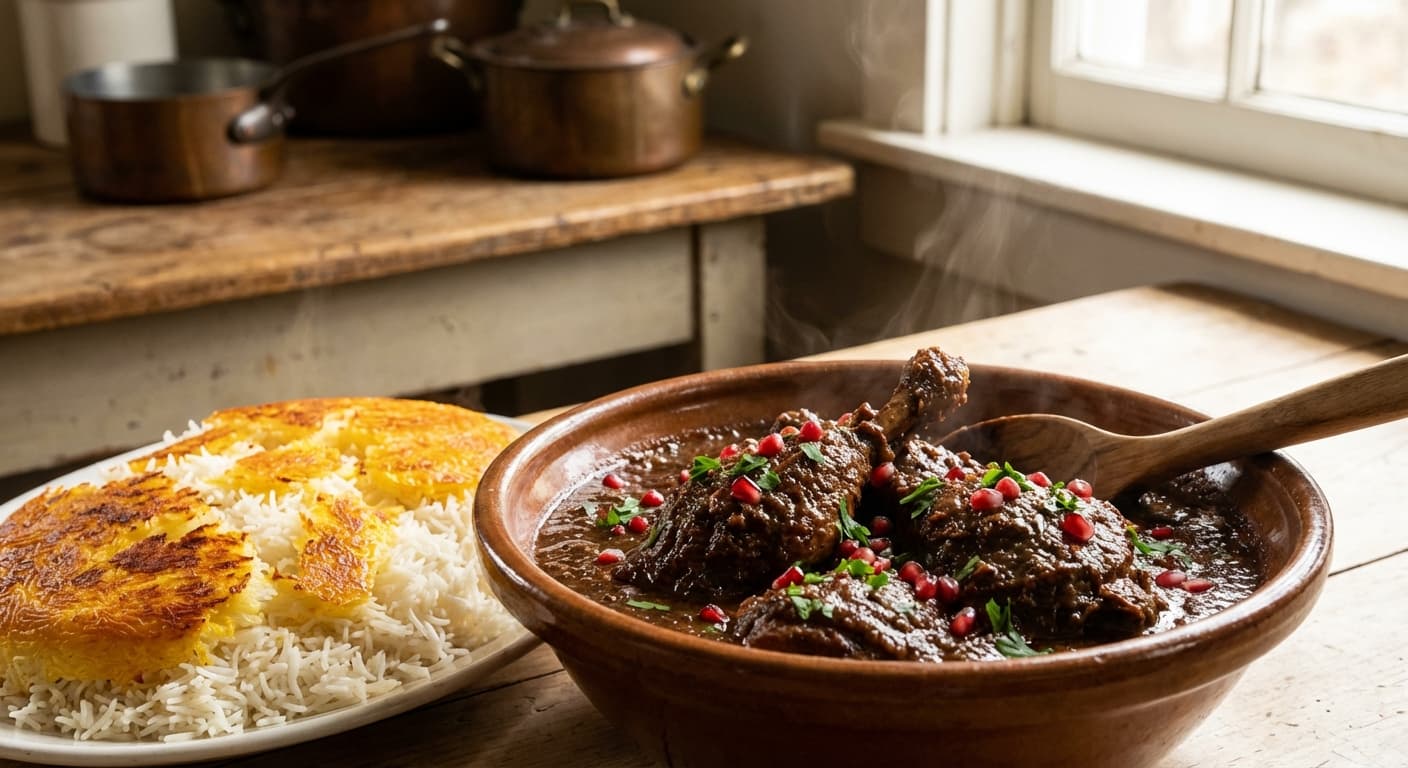Fesenjan — Slow-Braised Duck in Walnut Pomegranate Stew - authentic persian recipe