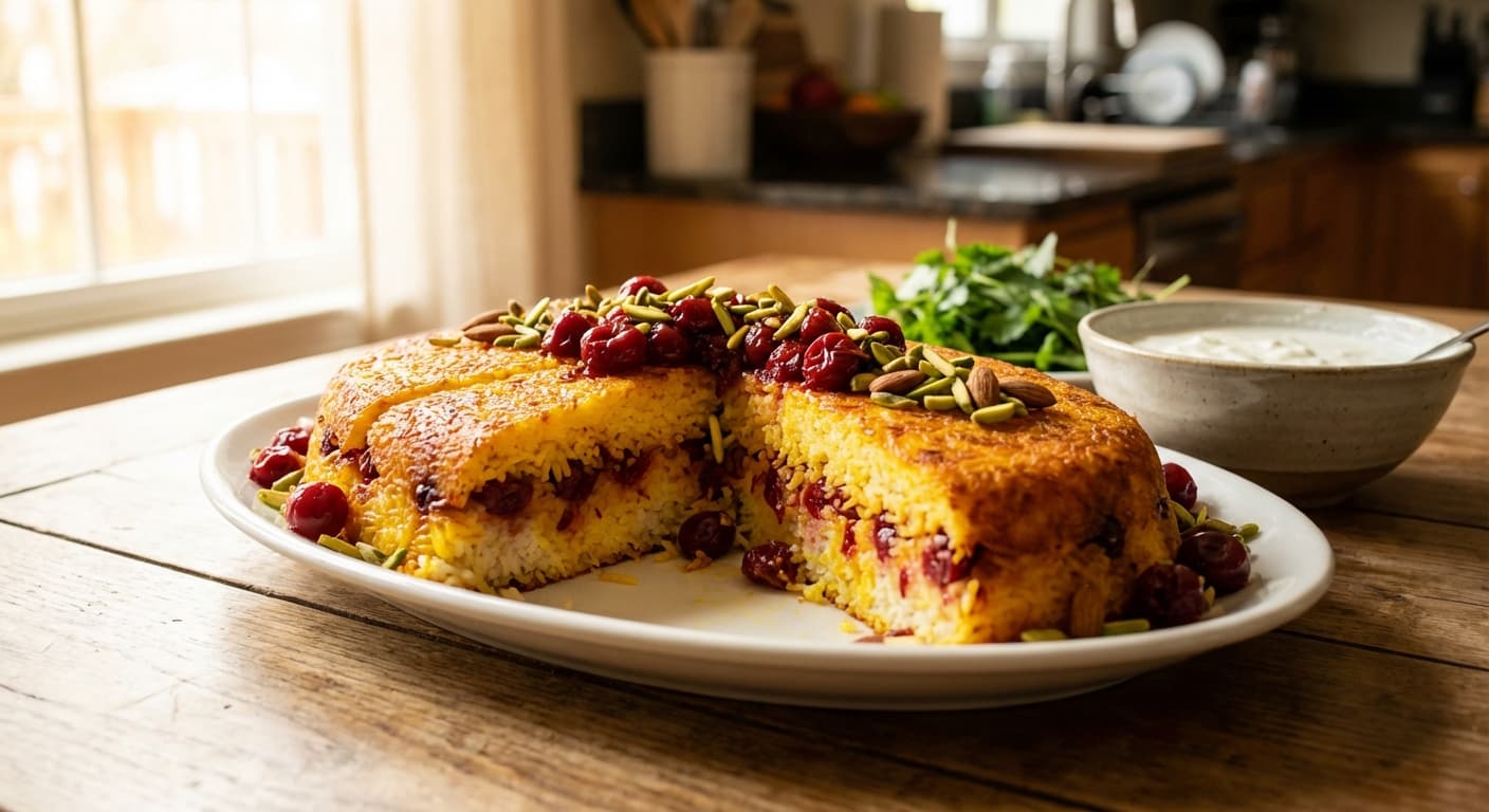 Tahchin Albaloo — Persian Sour Cherry Rice Cake - authentic persian recipe