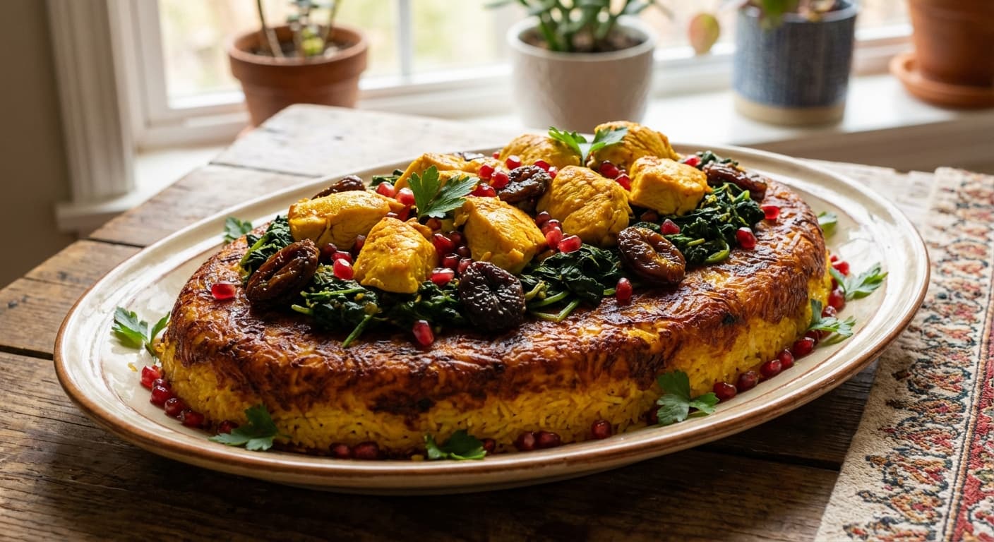 Tahchin Alo va Esfenaj ba Morgh — Persian Saffron Rice Cake with Plum and Spinach - authentic persian recipe