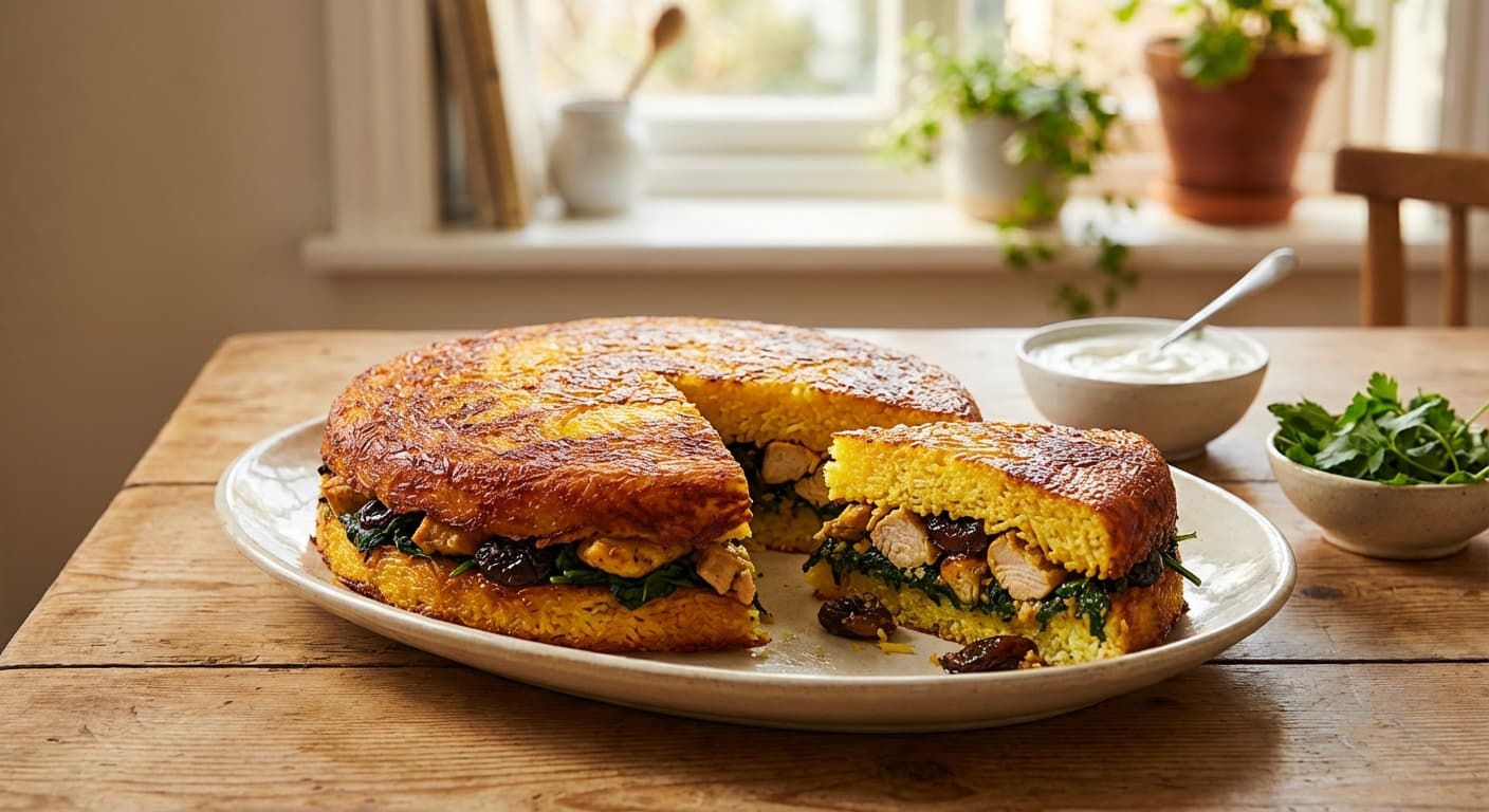 Tahchin-e Alu Esfenaj va Morgh — Persian Saffron Rice Cake with Chicken, Spinach, and Plums - authentic persian recipe