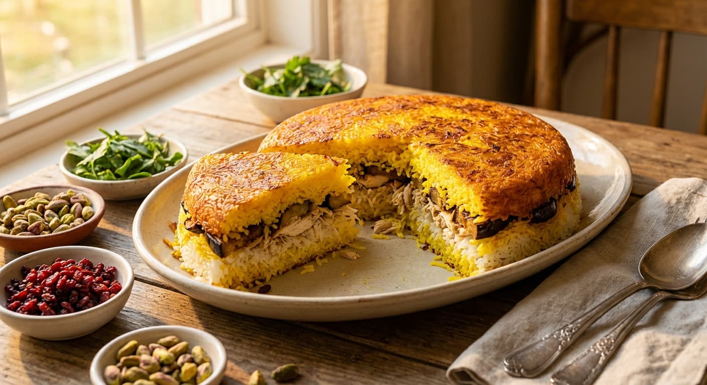 Tahchin Do-Rang — Two-Colored Persian Saffron Rice Cake - authentic persian recipe