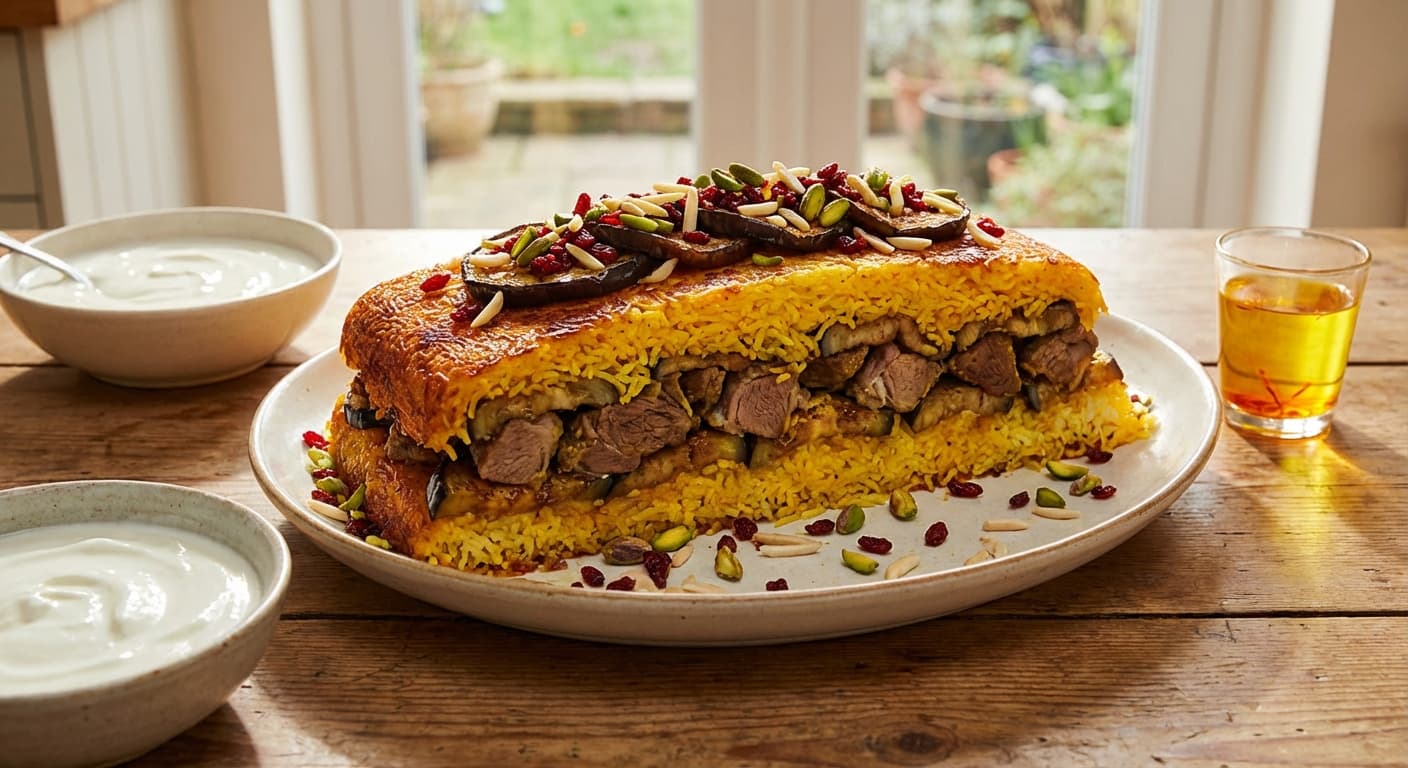 Tahchin Goosht va Bademjan — Persian Saffron Rice Cake with Meat and Eggplant - authentic persian recipe