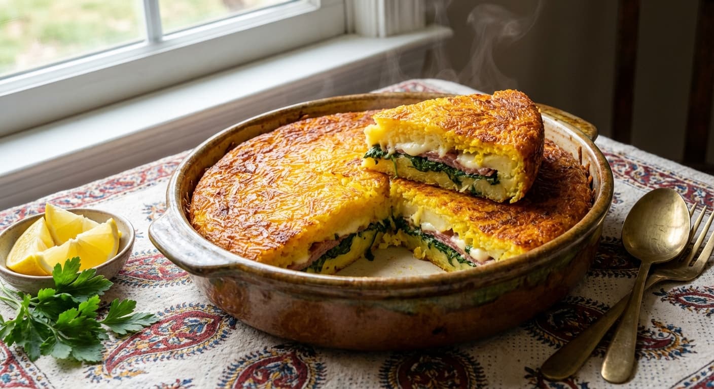 Tahchin-e Sibzamini o Esfenaj ( ) — Persian Golden Potato & Spinach Casserole - authentic persian recipe