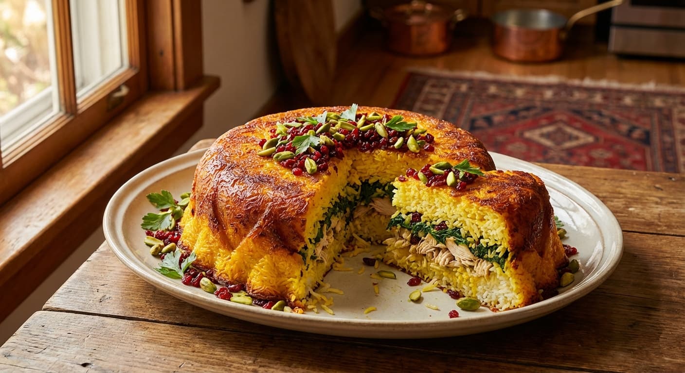 Tahchin Sadeh va Esfanaj Ghalebi — Persian Layered Saffron Rice Cake with Spinach - authentic persian recipe