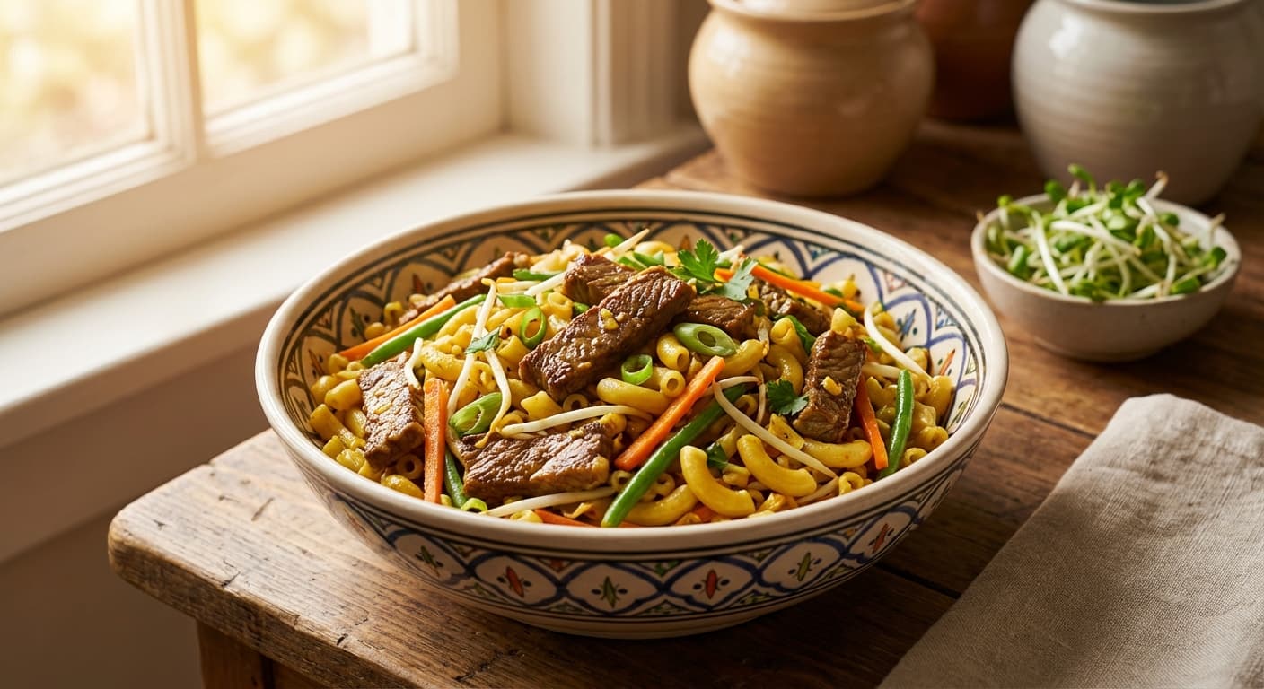 Makaron-e Gosht-e Gousaleh — Persian Veal and Sprout Macaroni Stir-Fry - authentic persian recipe